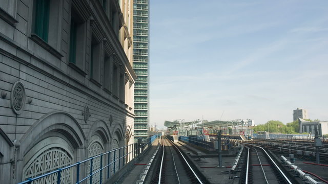canary wharf in london, shot from the docklands light railway
