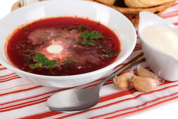Delicious borsch on table close-up