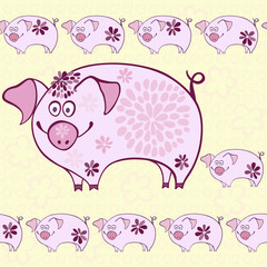 Seamless pattern - funny cartoon pigs