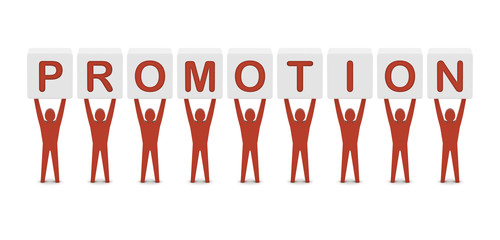Men holding the word PROMOTION. Concept 3D illustration.