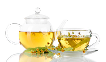 Kettle and cup of tea with linden