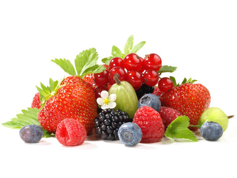 Beeren - Verschiedene Beerenfr&uuml;chte mit Bl&auml;tter und Bl&uuml;ten