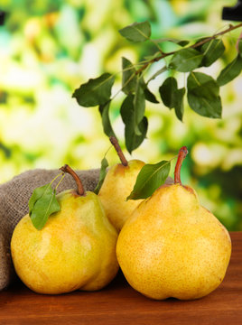Juicy pears on table on bright background