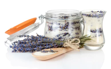 Keuken foto achterwand Jar of lavender sugar and fresh lavender flowers isolated © Africa Studio