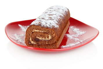 Sweet roll on plate isolated on white