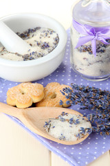 Still life with jar of lavender sugar, mortar and fresh