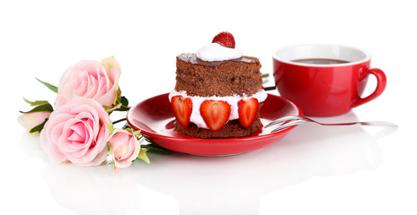 Chocolate cake with strawberry isolated on white