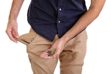 Man showing his empty pocket, isolated on white