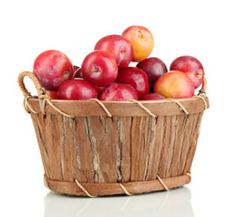 Ripe plums in basket isolated on white