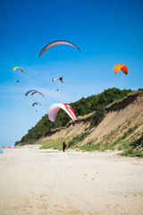 many paragliders at the coast