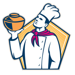 Chef Cook Holding Pot Retro