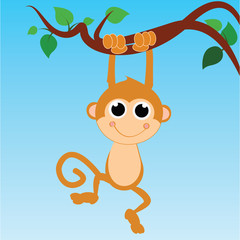 monkey hanging from a tree on abstract sky background