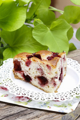 Piece of cake on white plate