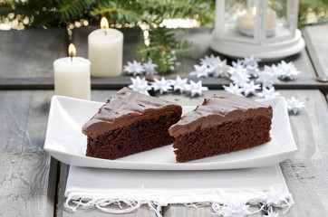 Danish traditional christmas. Chocolate cake and white handmade