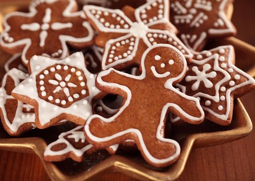 Christmas Gingerbread Cookies On Plate.