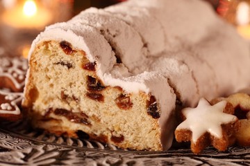 Christmas stollen, cookies and decorations.