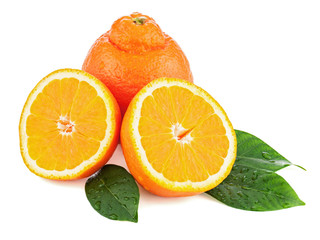 Fresh orange fruit with green leaves isolated on white backgroun