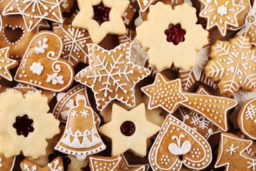 Top view of gingerbread and shortbread cookies