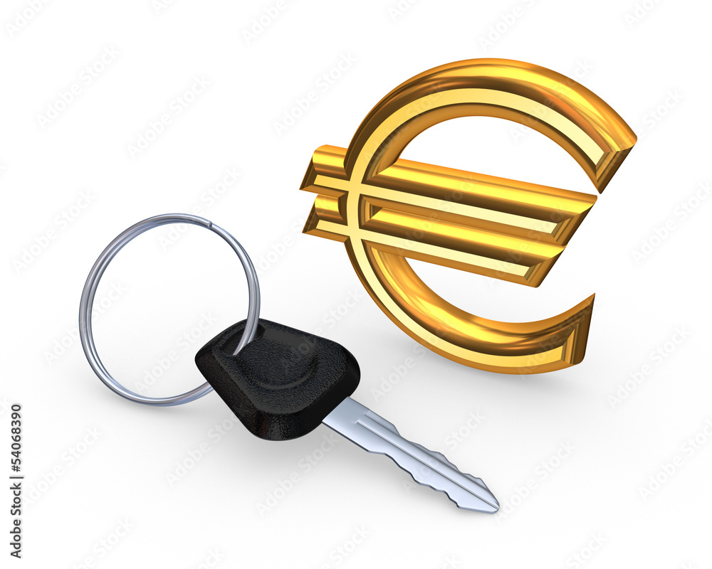 Poster key from car and sign of euro.