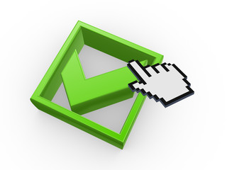 Arrow and green tick mark.