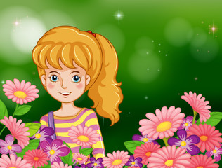 Obraz na płótnie Canvas A smiling girl at the garden with fresh flowers