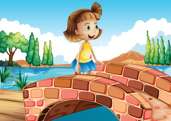 A little girl crossing the bridge