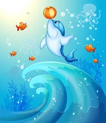 Raamstickers Een dolfijn speelt een bal onder de zee © GraphicsRF