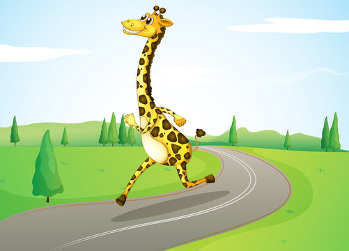 A giraffe running along the road
