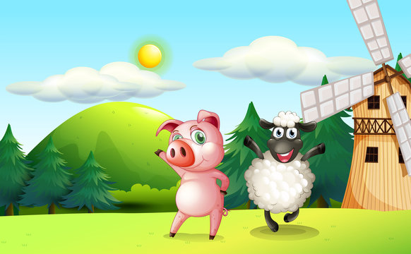 Farm animals dancing near the windmill