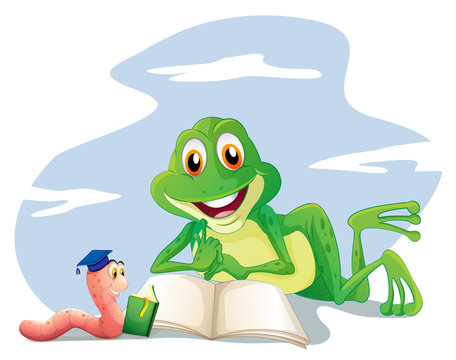 An earthworm and a frog reading