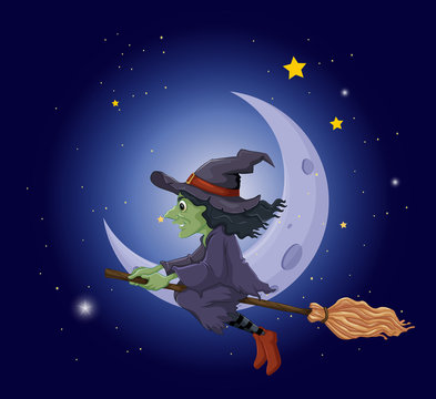 A witch riding on a broomstick floating near the moon
