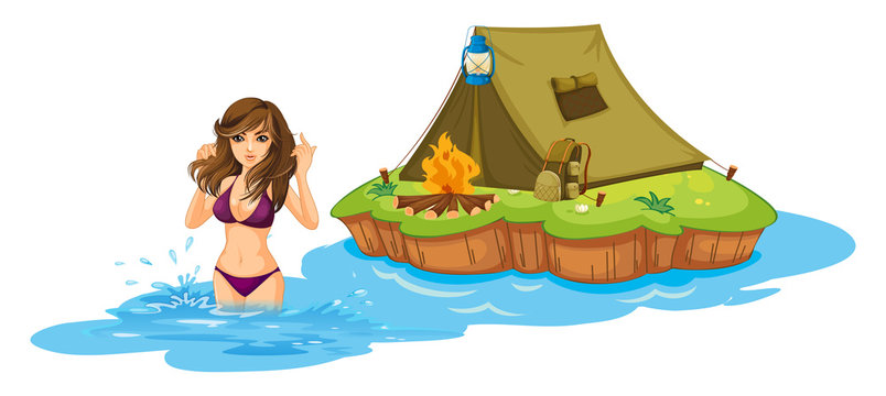 A sexy girl swimming near the island with a camping tent