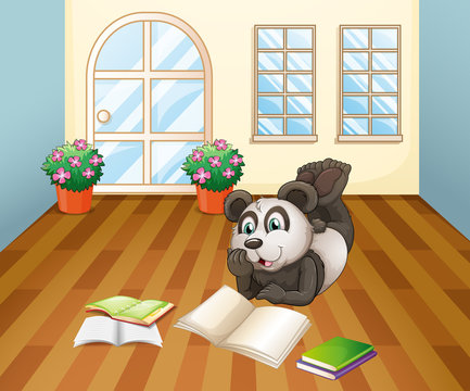A panda reading inside the house