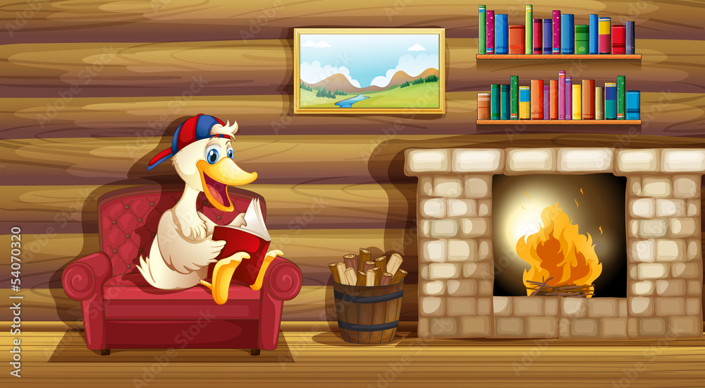 Sticker a duck reading a book near the fireplace