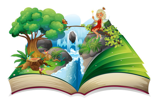 A storybook with an image of nature and a fairy