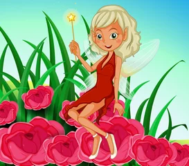 Foto auf Acrylglas Eine Fee, die einen Zauberstab hält, sitzt an den roten Blumen © GraphicsRF