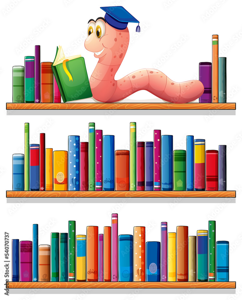 Sticker An earthworm reading at the top of the bookshelves