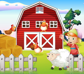 A boy at the farmhouse with animals