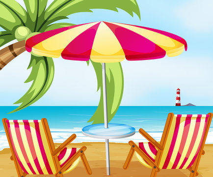 A chair and an umbrella at the beach