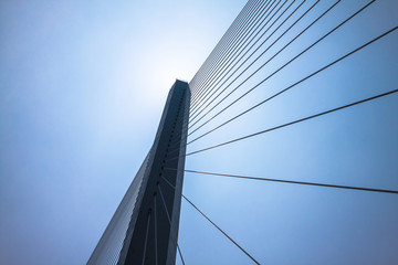 Fragment of a cable stayed bridge on the sky background.