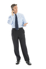 Mature Businessman Gesturing While Using Smart Phone