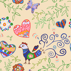 Floral seamless pattern with flowers, bird, hearts and butterfly