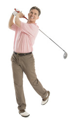 Happy Golfer Looking Away While Swinging Golf Club