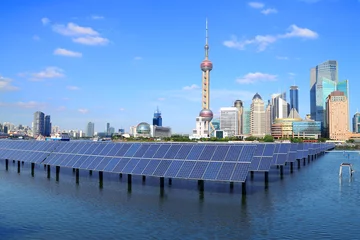 Gordijnen Shanghai Bund skyline landmark at Ecological energy Solar panel © Aania