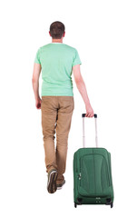 back view of walking  man  with suitcase.