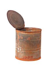 Rusty tin can with top opened isolated on white