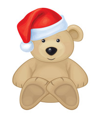 Vector of cute brown bear in red Santa's hat isolated.