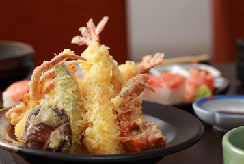 Tempura Shrimps and Crab tempura with Vegetables. Japanese Cuisi