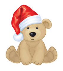Vector of cute brown bear in red Santa's hat isolated.