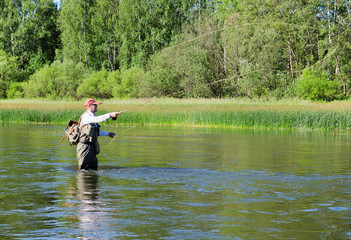 Fisherman catches of chub  fly fishing in the Chusovaya river
